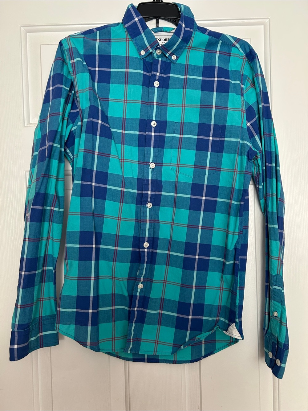 Express Men's Turquoise & Navy Plaid Button-Down Shirt